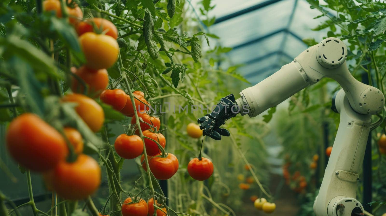 A robotic arm efficiently picks harvesting product, a type of vegetable, in a greenhouse to produce healthy and natural foods. AIG41
