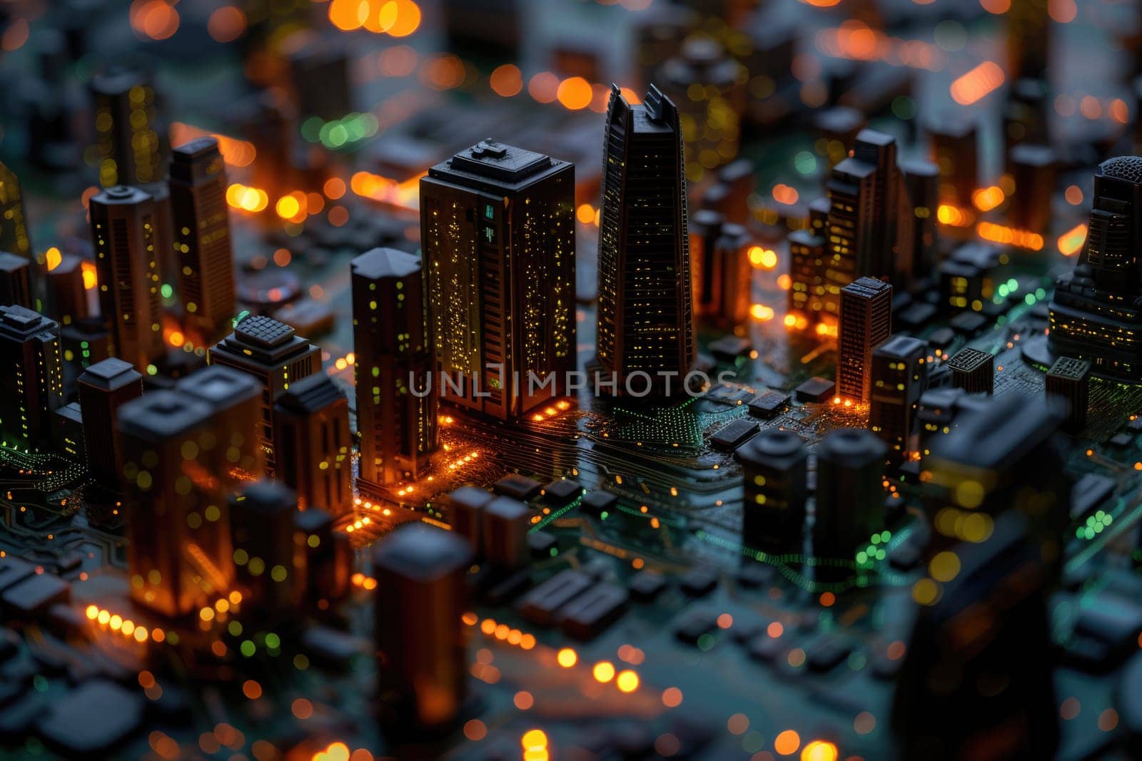 A conceptual visualization of a smart city with glowing structures on a digital circuit board, symbolizing urban technology integration concept. AIG41