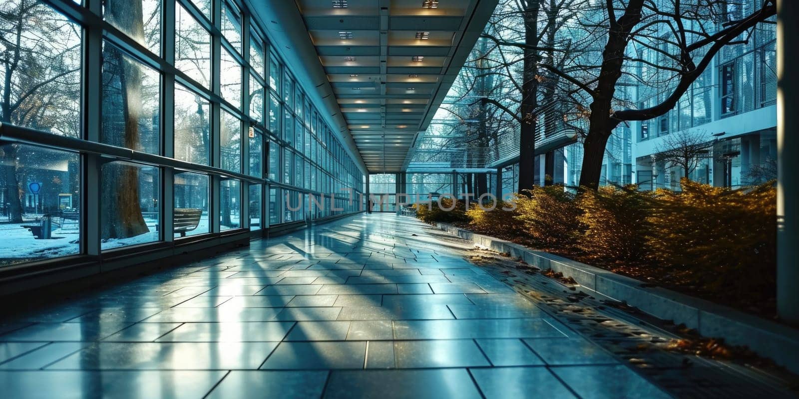 The great long bluish hallway with a reflective concrete floor from the brightest sun in snowy day yet the light from the sun make the environment warm and bright enough for the living plant. AIGX03.