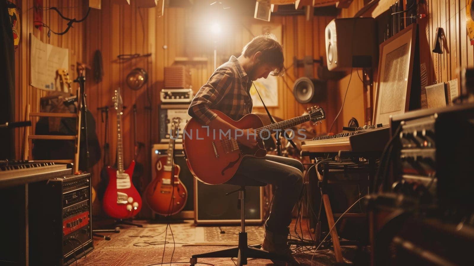 Professional happy musician recording music while thinking about rhyme at modern music studio. Attractive music producer or sound engineer focus on listening demo song while mastering track. AIG42.
