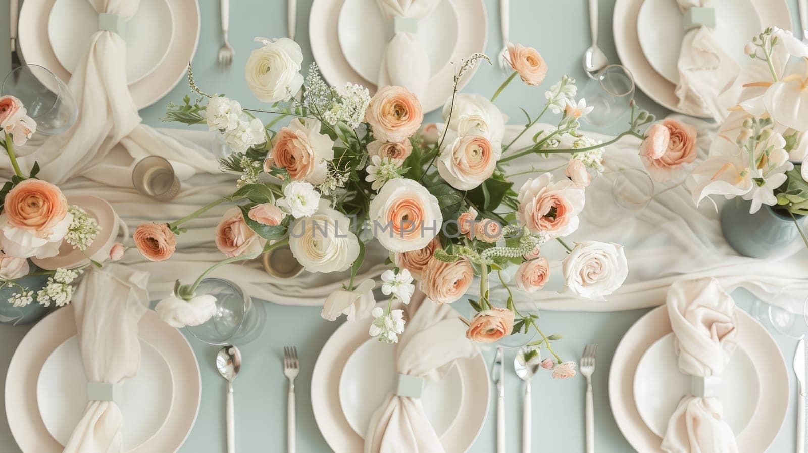 A beautifully arranged table featuring plates, silverware, and a stunning centerpiece of flowers including roses. The peachcolored petals add a touch of elegance to the creative arts display AIG50