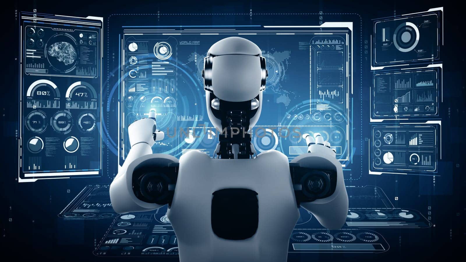 MLP 3d illustration AI hominoid robot touching virtual hologram screen showing concept of big data analytic using artificial intelligence thinking by machine learning process. 3D rendering.