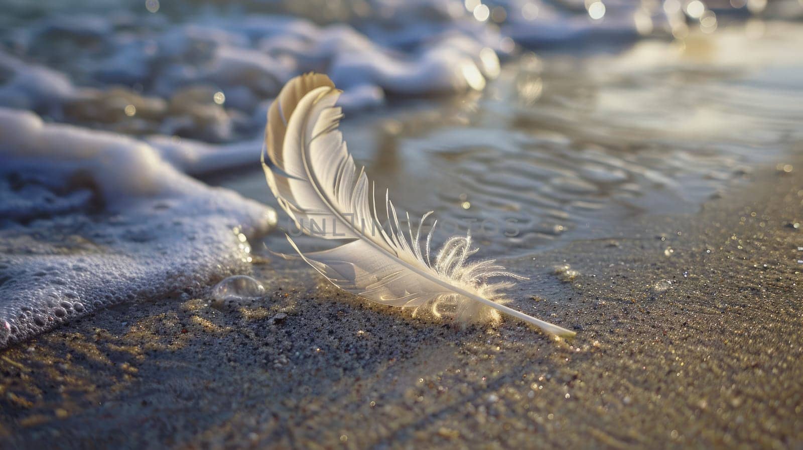 a feather is laying on the beach near the water . High quality AIG50