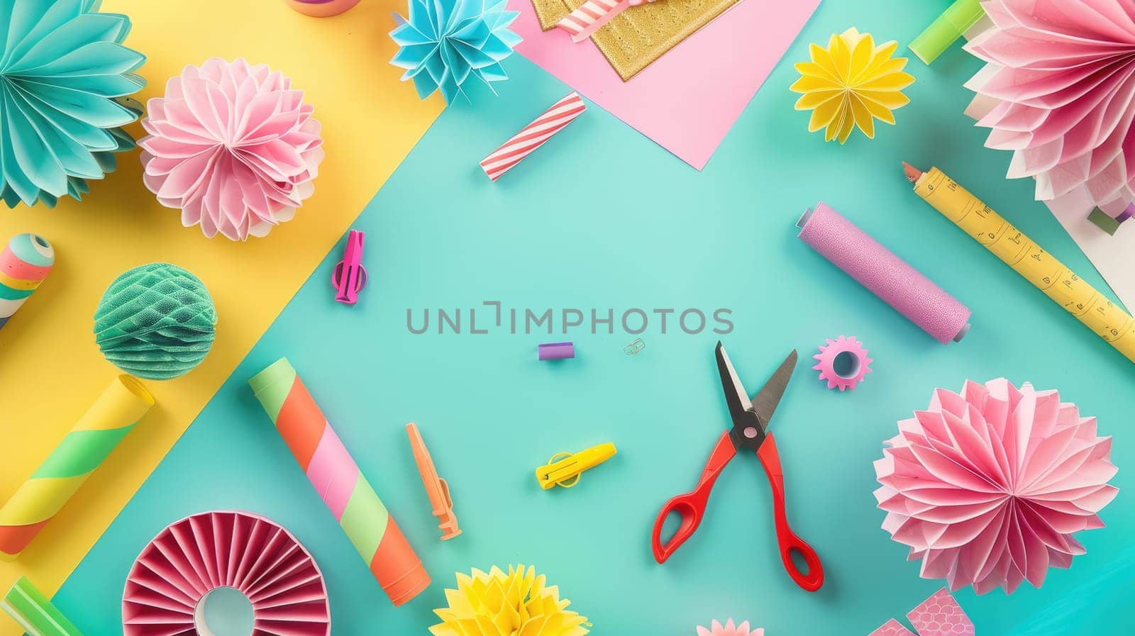 There is an array of craft supplies on the table including green textiles, plant motifs, aqua paint, magenta patterns, and creative art materials AIG50