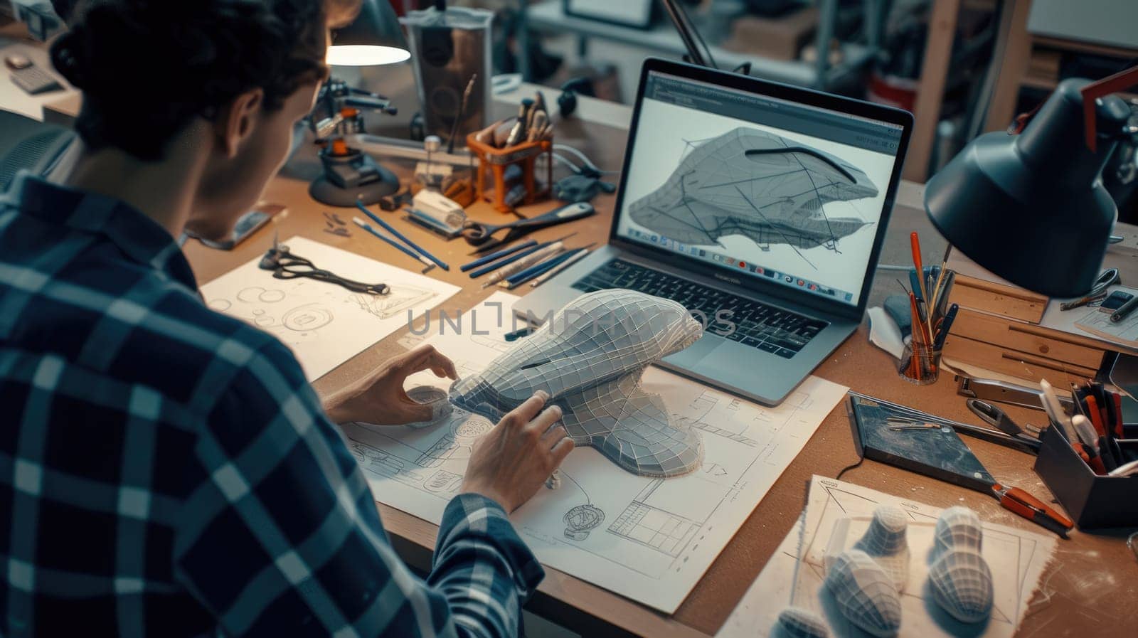 An industrial designer meticulously works on a prototype design in a workshop surrounded by various drafting tools and sketches. AIG41