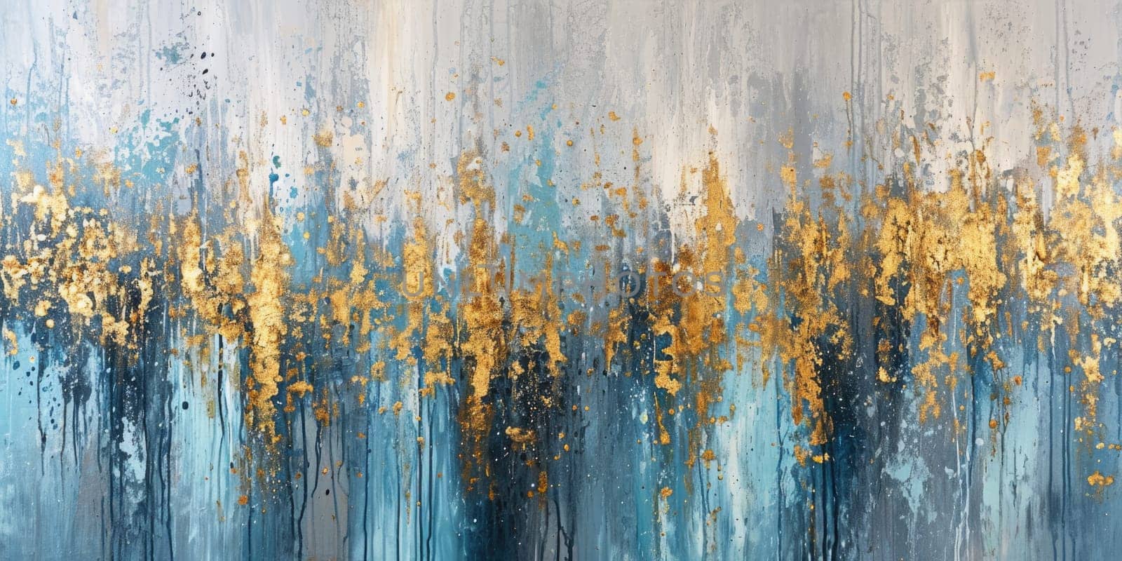 The abstract picture of the gold, blue and black colour that has been painted or splashed on the white blank background wallpaper to form random shape that cannot be describe yet beautiful. AIGX01.