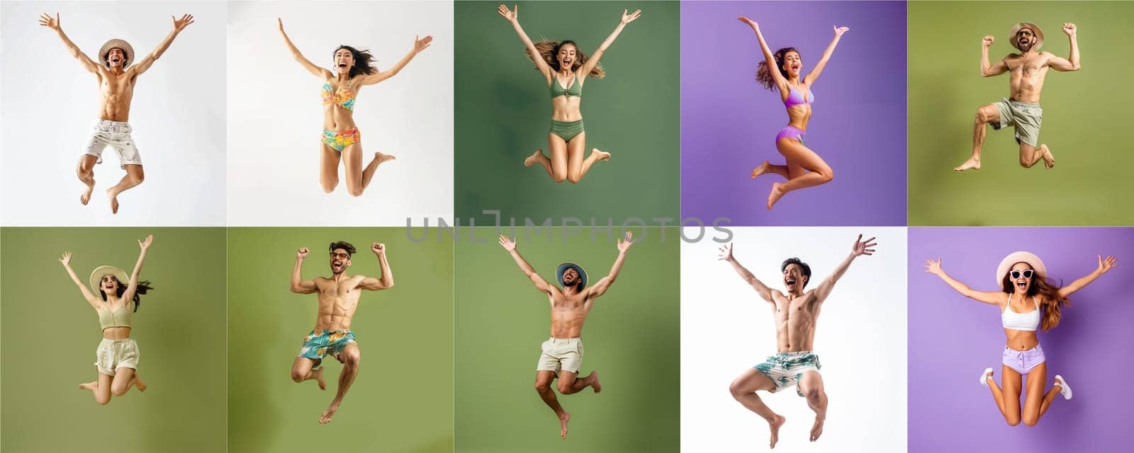 Summer people collection set, diverse people jumping on colorful background, many people funny jump wearing summer outfit fashion ready for swim and summer activity, summertime, beachwear AIG48