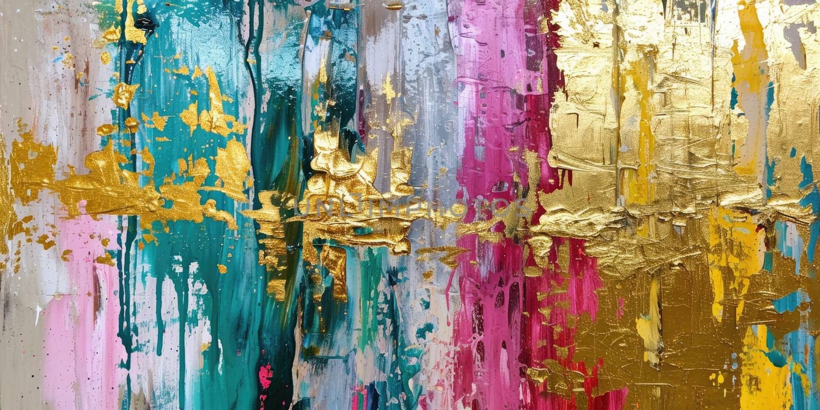 The abstract picture of the gold, pink and green colour that has been painted or splashed on the white blank background wallpaper to form random shape that cannot be describe yet beautiful. AIGX01.
