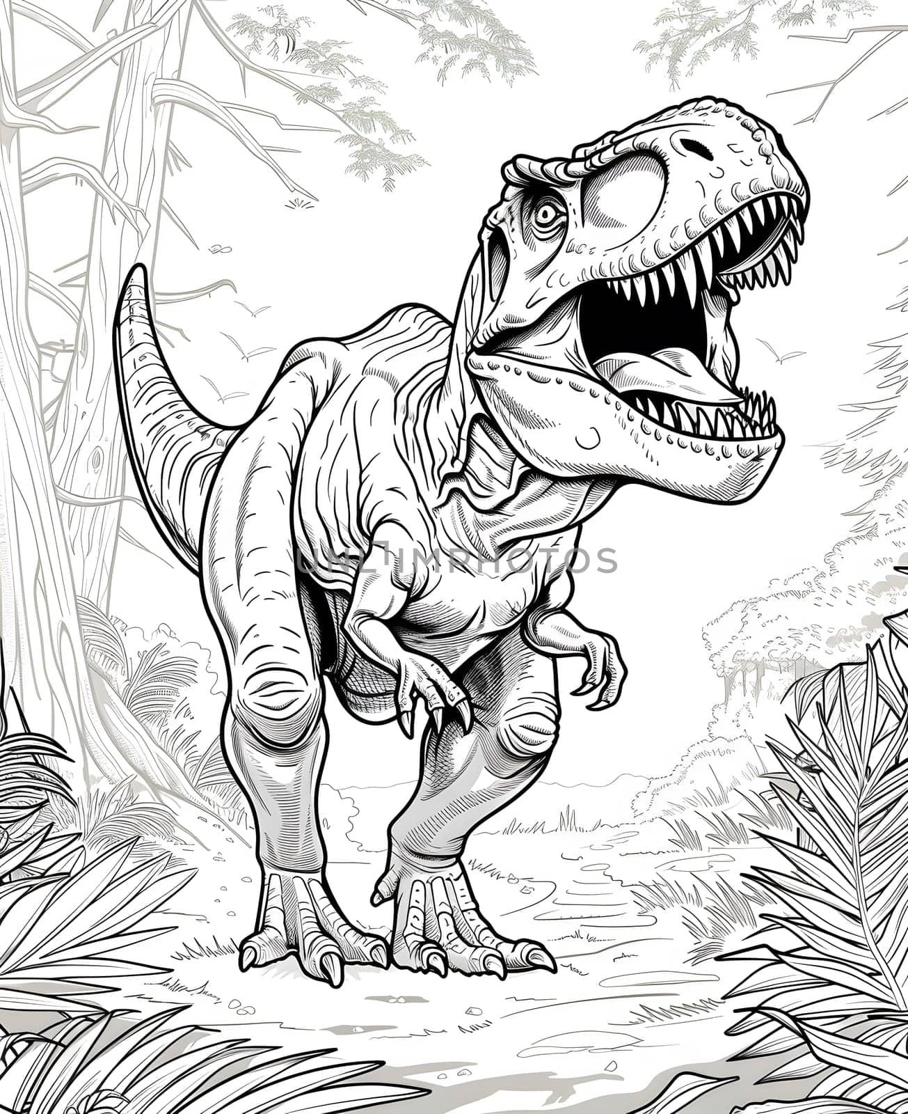 a black and white drawing of a trex dinosaur in the jungle by Nadtochiy