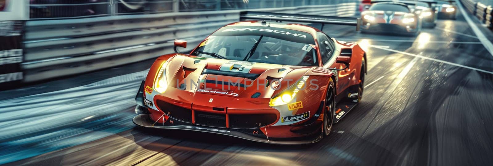 GT3 Super car racing on the circuit track while driving at high speed and accelerating at full power AIG44