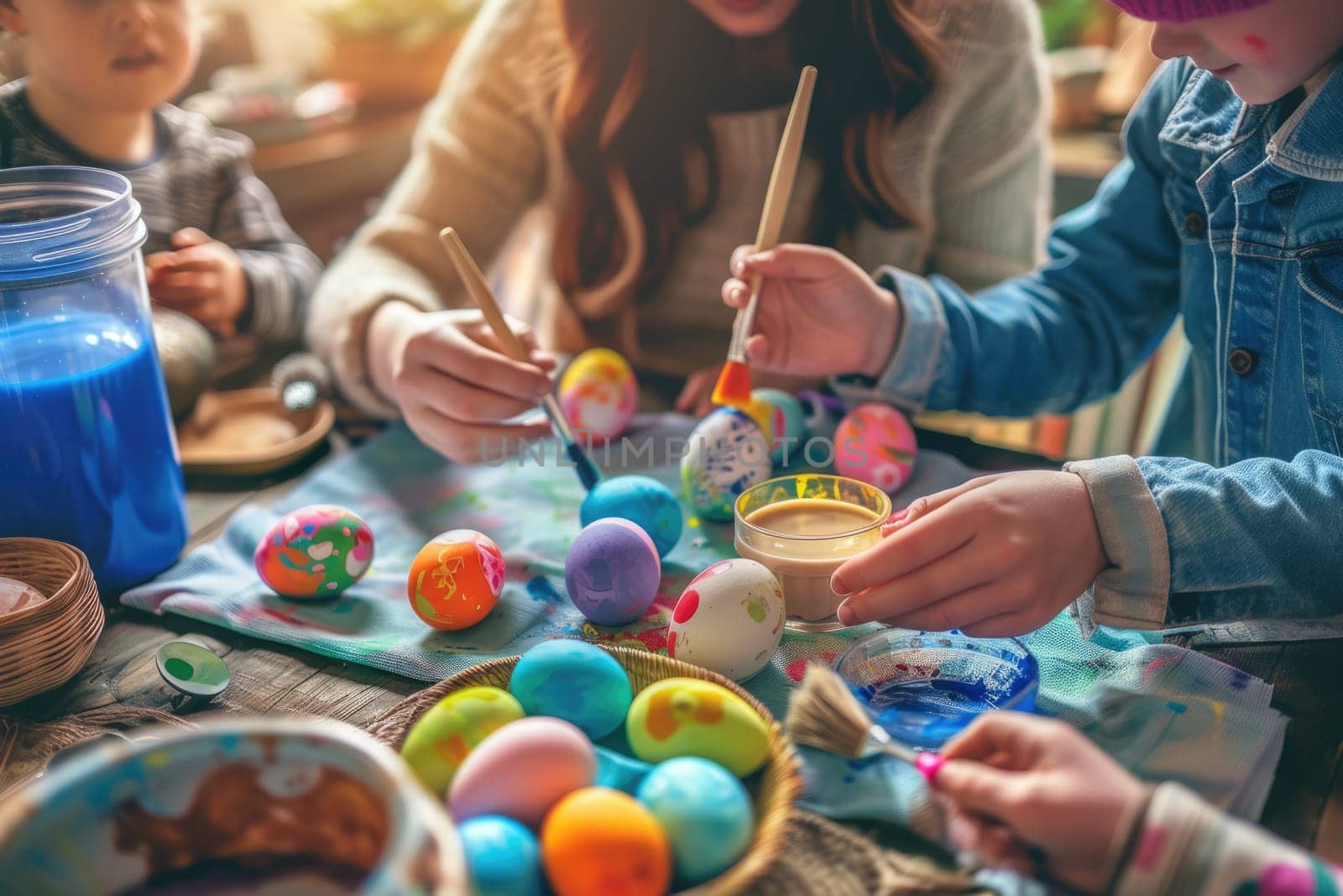 Photography of lovely happy family spending time together while painting easter egg. Happy family gathering together and decorating easter egg with colorful watercolors at table. Easter day. AIG42.