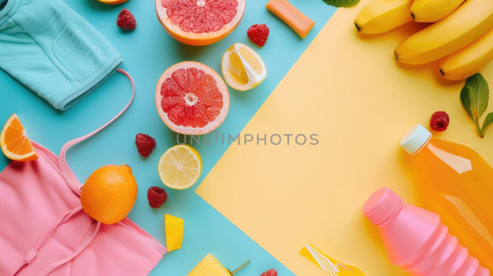 A variety of colorful fruits and vegetables are displayed on the azure table. These products are vibrant and fresh ingredients for delicious cuisine AIG50