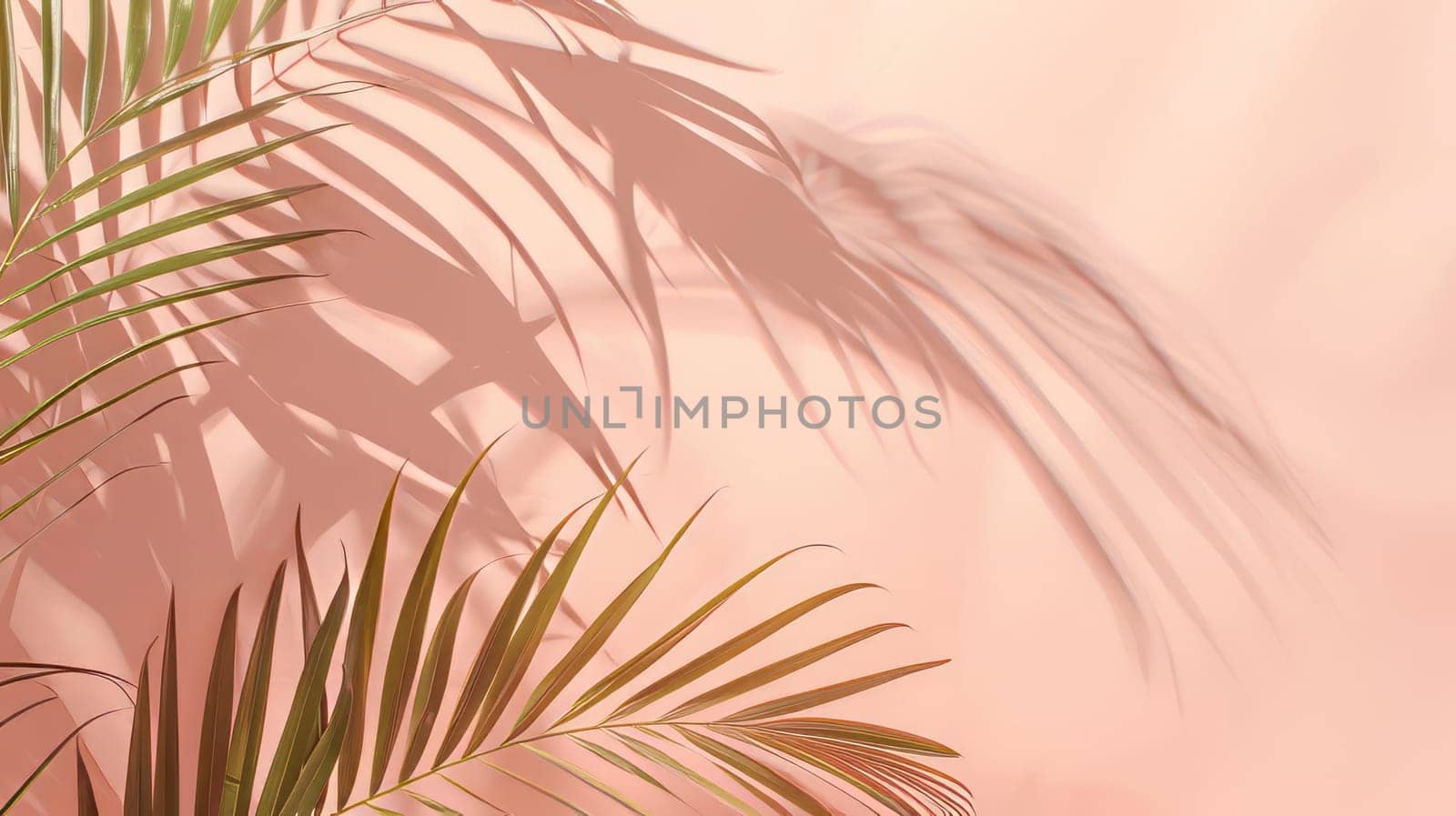 Peach background with shadow of palm leaves, tropical atmosphere. by OlgaGubskaya