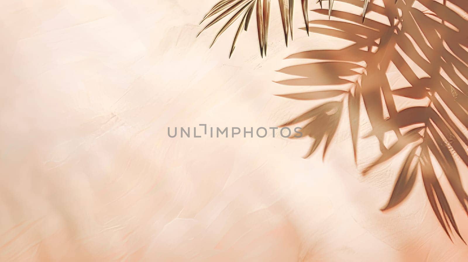 Peach background with shadow of palm leaves, tropical atmosphere. by OlgaGubskaya