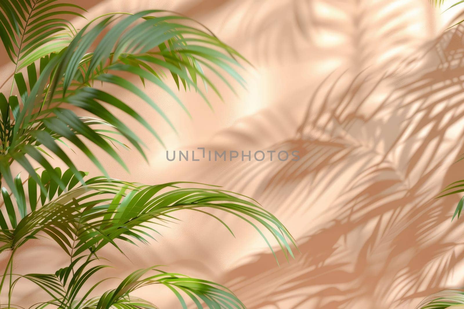 Peach background with shadow of palm leaves, tropical atmosphere. by OlgaGubskaya