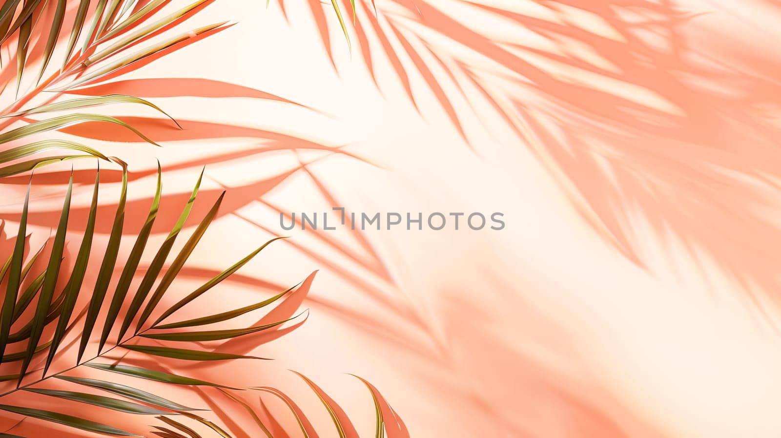 Peach background with shadow of palm leaves, tropical atmosphere, layout for text or product display.