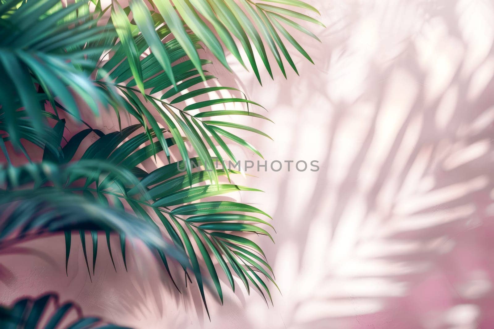 Peach background with shadow of palm leaves, tropical atmosphere. by OlgaGubskaya