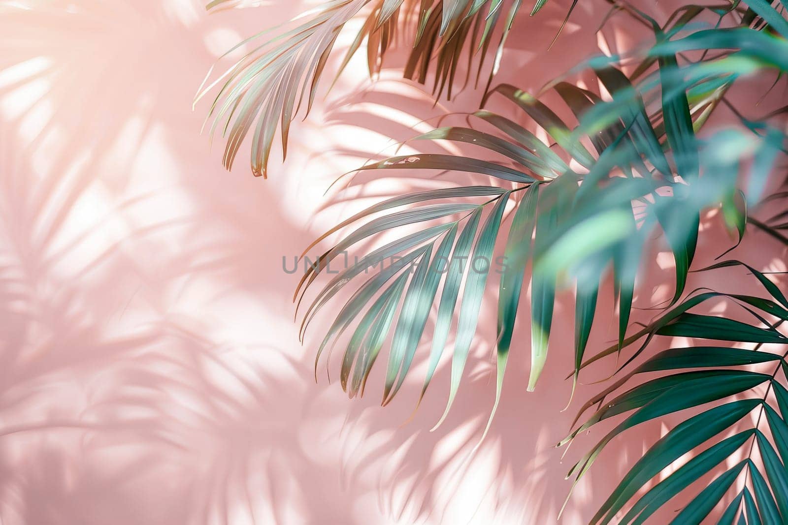 Peach background with shadow of palm leaves, tropical atmosphere. by OlgaGubskaya