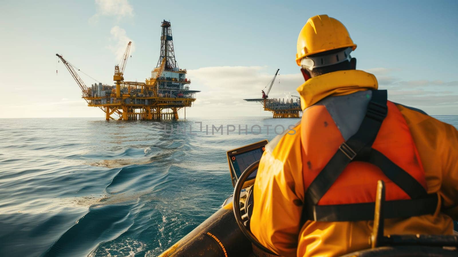 A person is on a watercraft near an offshore oil rig, surrounded by water and sky, while the wind blows and clouds float above. AIG41