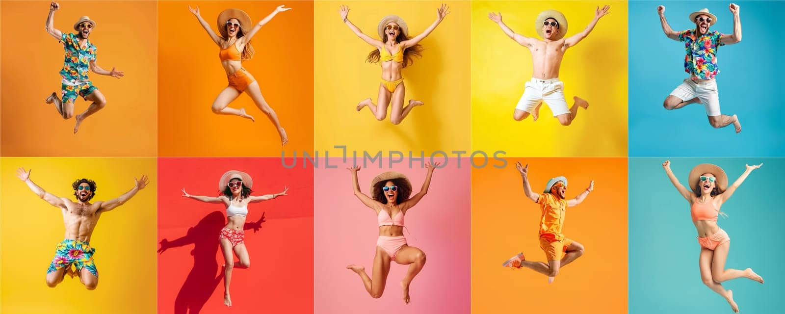 Summer people collection set, diverse people jumping on colorful background, many people funny jump wearing summer outfit fashion ready for swim and summer activity, summertime, beachwear AIG48