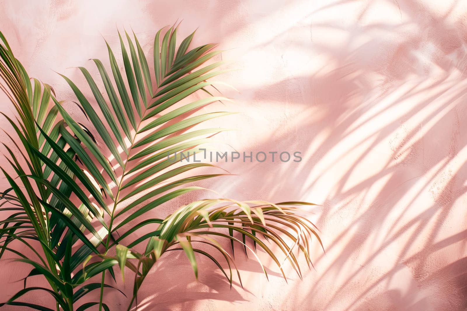 Peach background with shadow of palm leaves, tropical atmosphere, layout for text or product display.