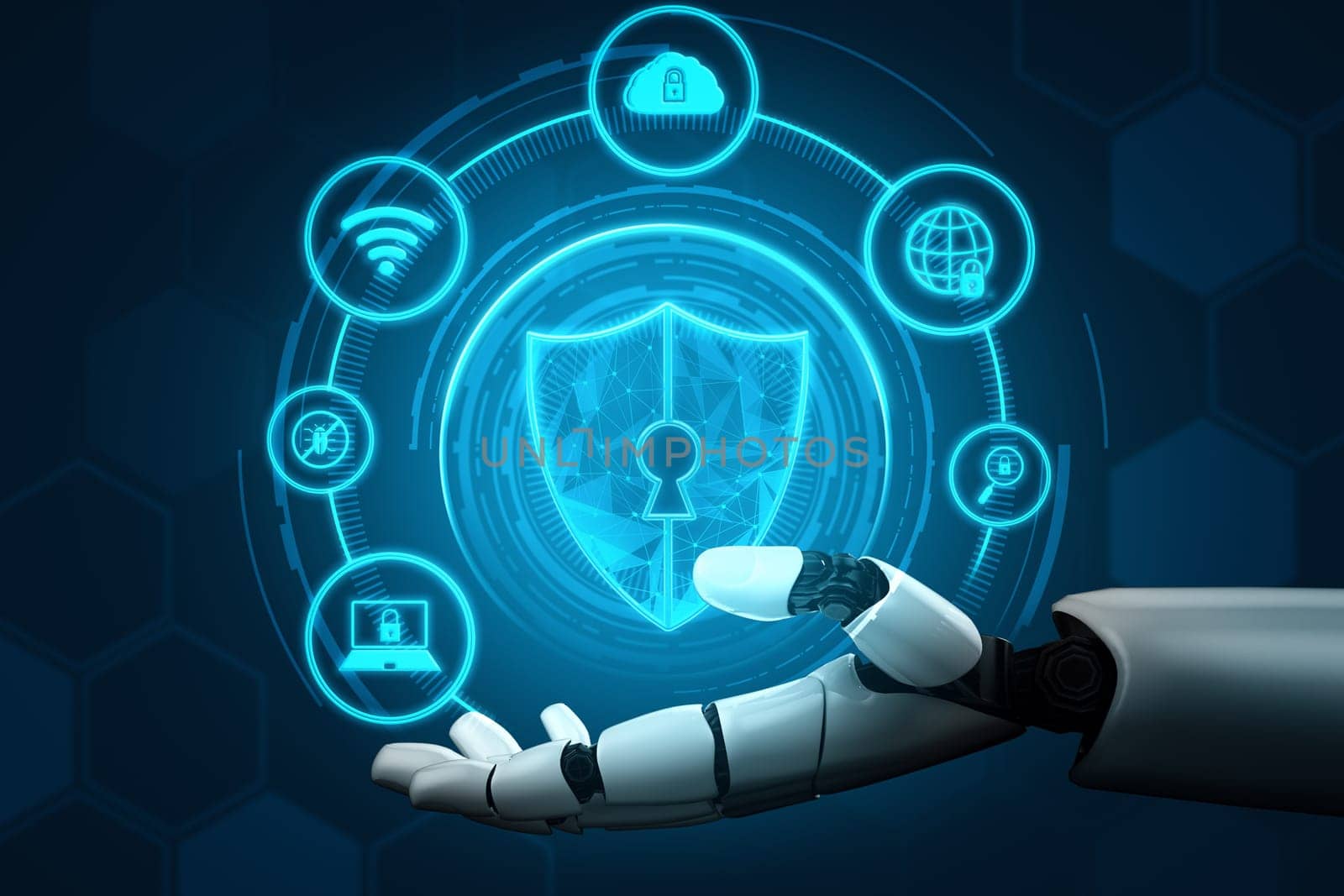 MLP 3D Rendering futuristic robot technology development, artificial intelligence AI, and machine learning concept. Global robotic bionic science research for future of human life.