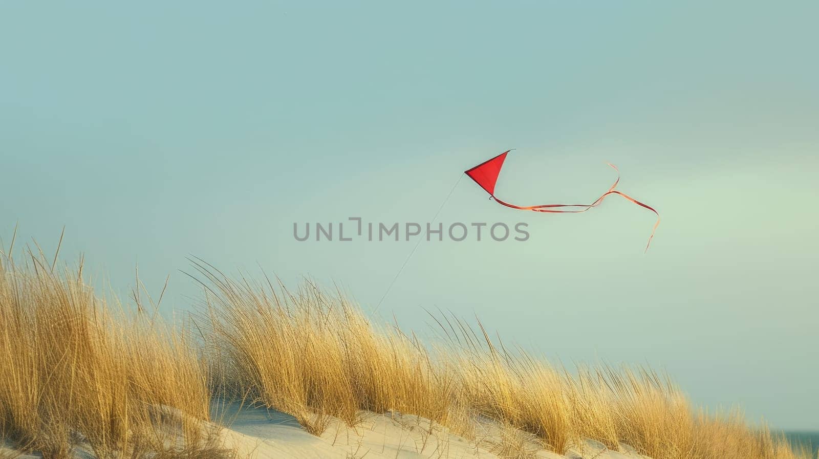 A red kite soars gracefully over a desert landscape in a painting, with cumulus clouds dotting the sky and adding to the atmosphere of heat and wind AIG50