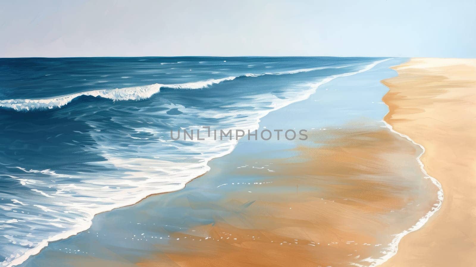 In the background is the ocean. The water is a deep blue color and there are whitecaps on the sea waves rolling in towards the shore surrounded sand at tropical island or seashore in summer. AIG42.