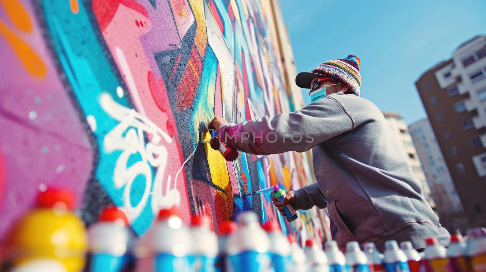 A man leisurely creates art on a wall with spray paint, using vibrant electric blue and magenta to form a captivating pattern. AIG41