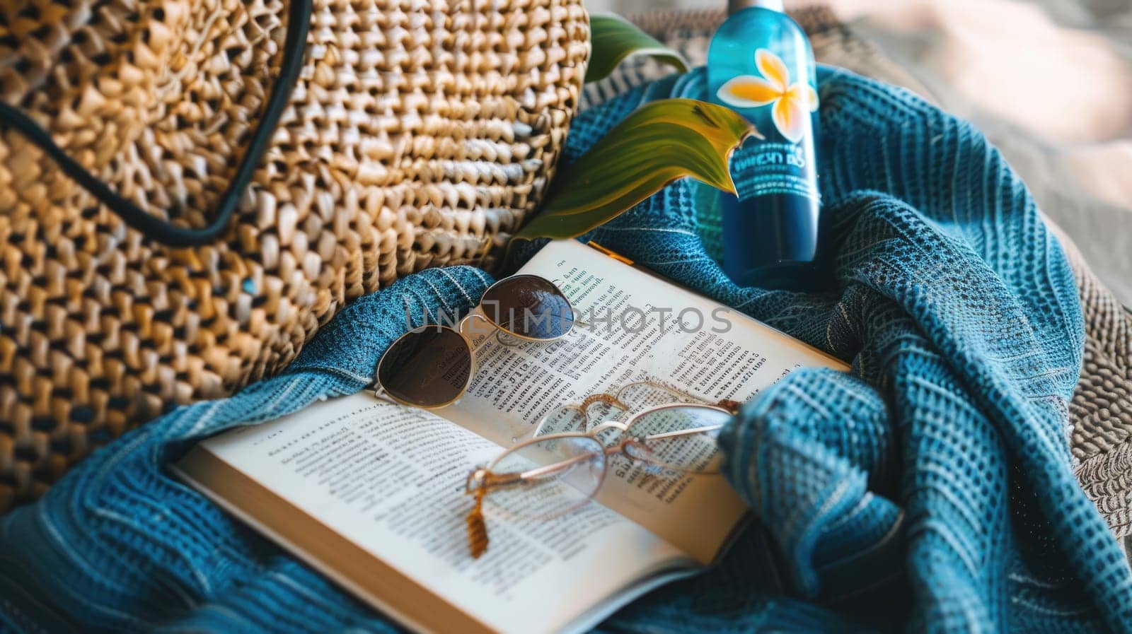 On the sandy beach rests a hat, sunglasses, a book, and a water bottle. The liquid inside glistens under the sun, creating a scene of leisure and relaxation AIG50