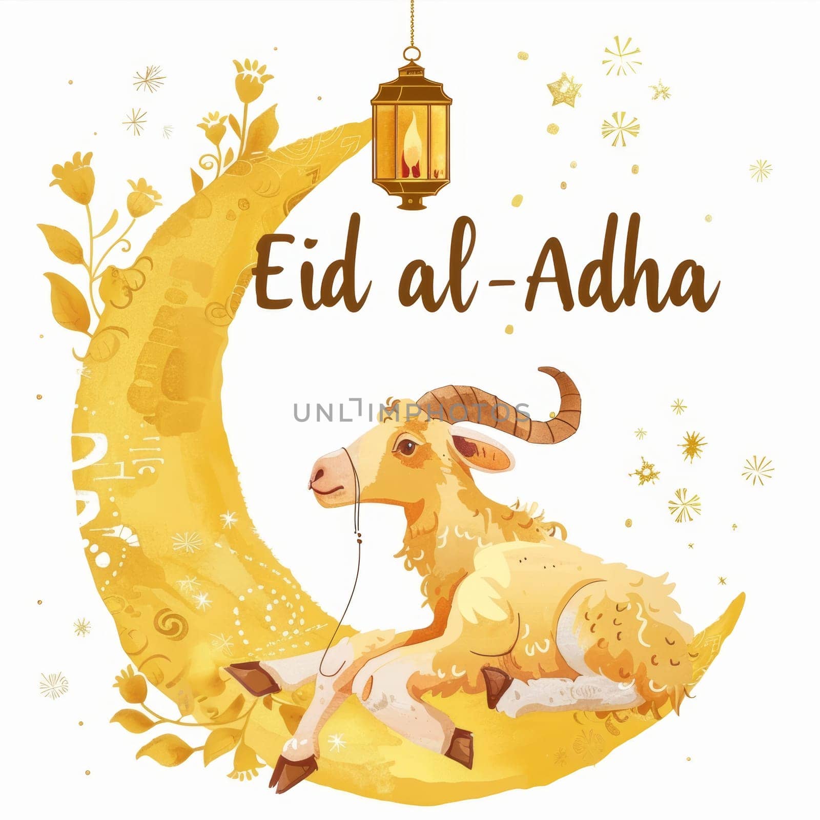 A whimsical and cheerful depiction of a sheep beneath a golden moon for Eid al-Adha, evoking a sense of joy and festivity