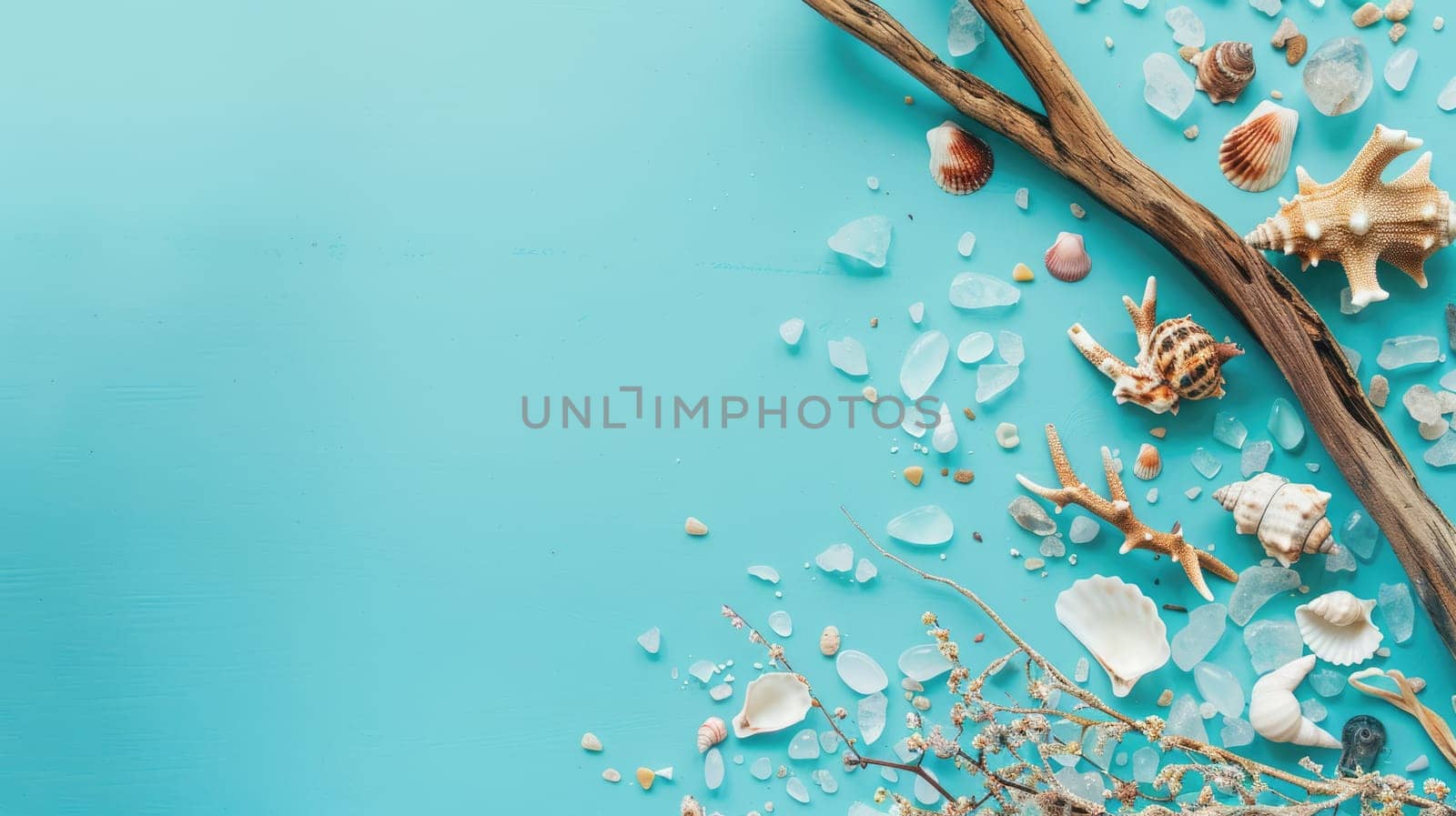 Waterinspired art with sea shells and glass beads on an electric blue background, creating a stunning pattern reminiscent of aqua circles. A fashion accessory perfect for any beach event AIG50