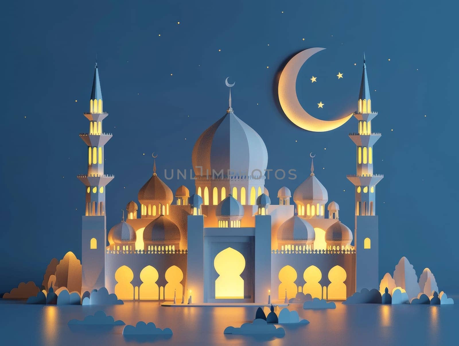 A tranquil night scene with an illuminated mosque and crescent moon crafted in shades of blue and yellow, invoking peace and spirituality