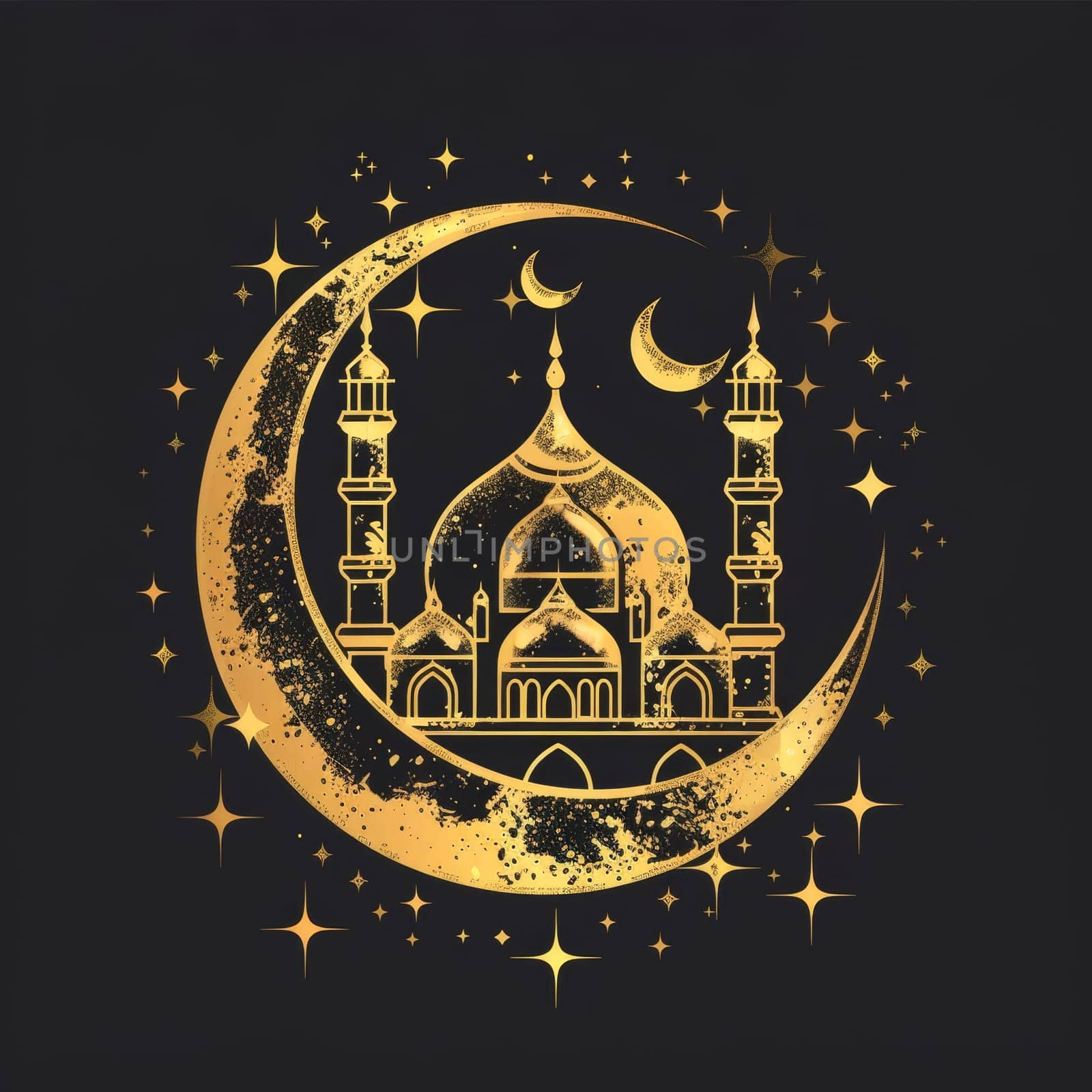 A mosque silhouette sits within a shimmering golden crescent, set against a dark sky sprinkled with stars, symbolizing the holy night