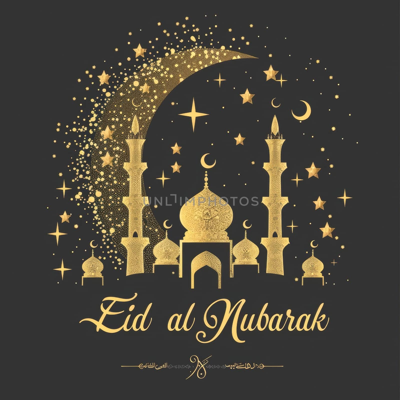 A dazzling Eid greeting card in golden tones featuring a detailed mosque and crescent among stars on a dark background