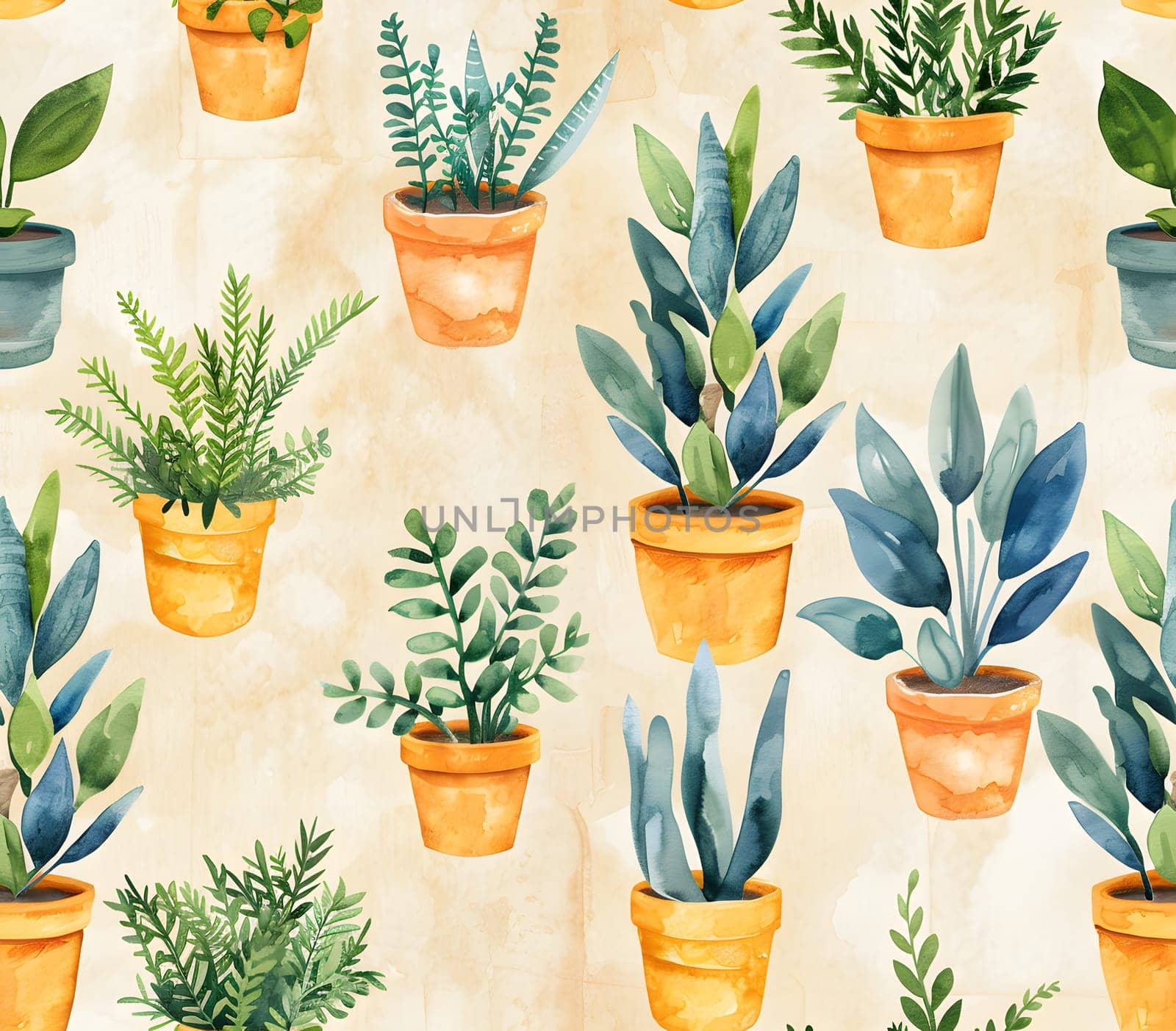 A seamless pattern of various green houseplants in flowerpots on an azure background, perfect for interior design and landscape projects