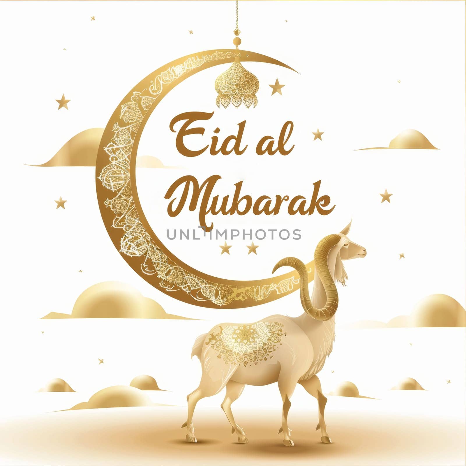 A festive Eid al Adha card in shades of gold, featuring an ornate crescent and a regal goat amid a starlit backdrop