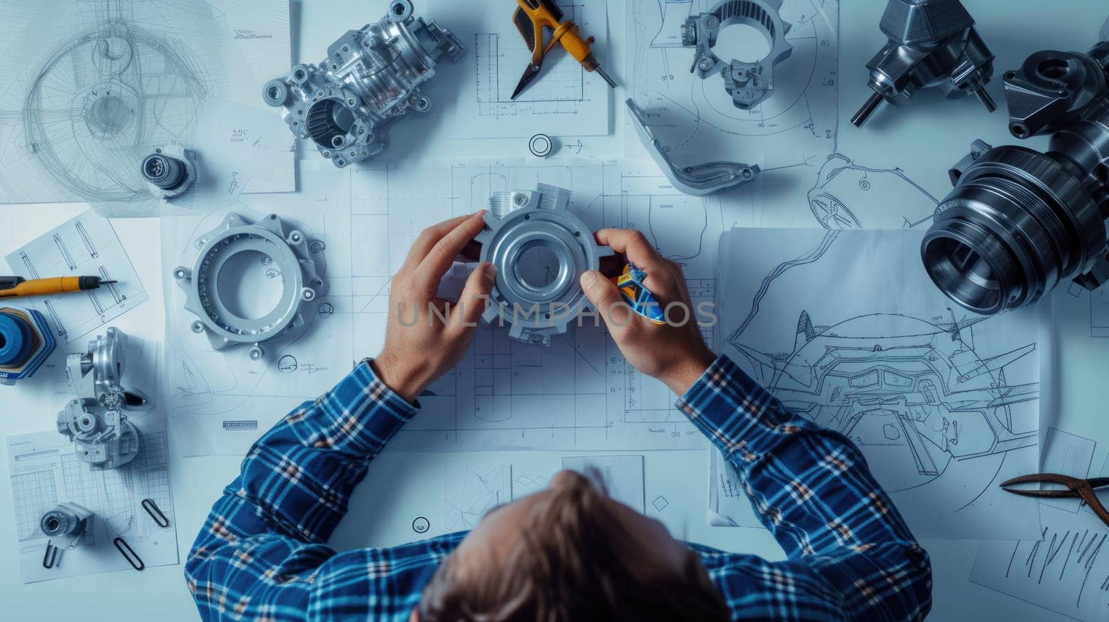 Close up of smart mechanic or technician hands designing and inventing vehicle part by using technology innovation. Skilled mechanical engineer planning and writing blueprint and motor design. AIG42.