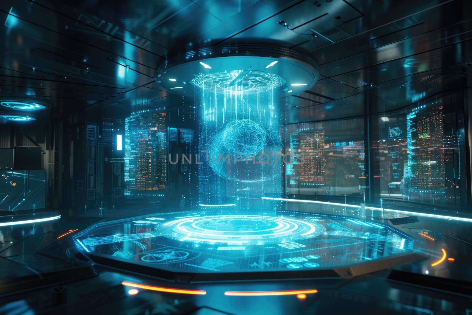 Hologram of financial marketing data display at futuristic data center with neon color while using data analysis from connecting with global networking communication. Technology innovation. AIG42.