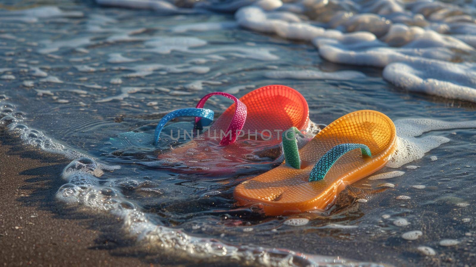A pair of flip flops rests on the sandy beach, with waves crashing nearby. The tranquil scene is a perfect blend of water, wind, and natural landscape AIG50