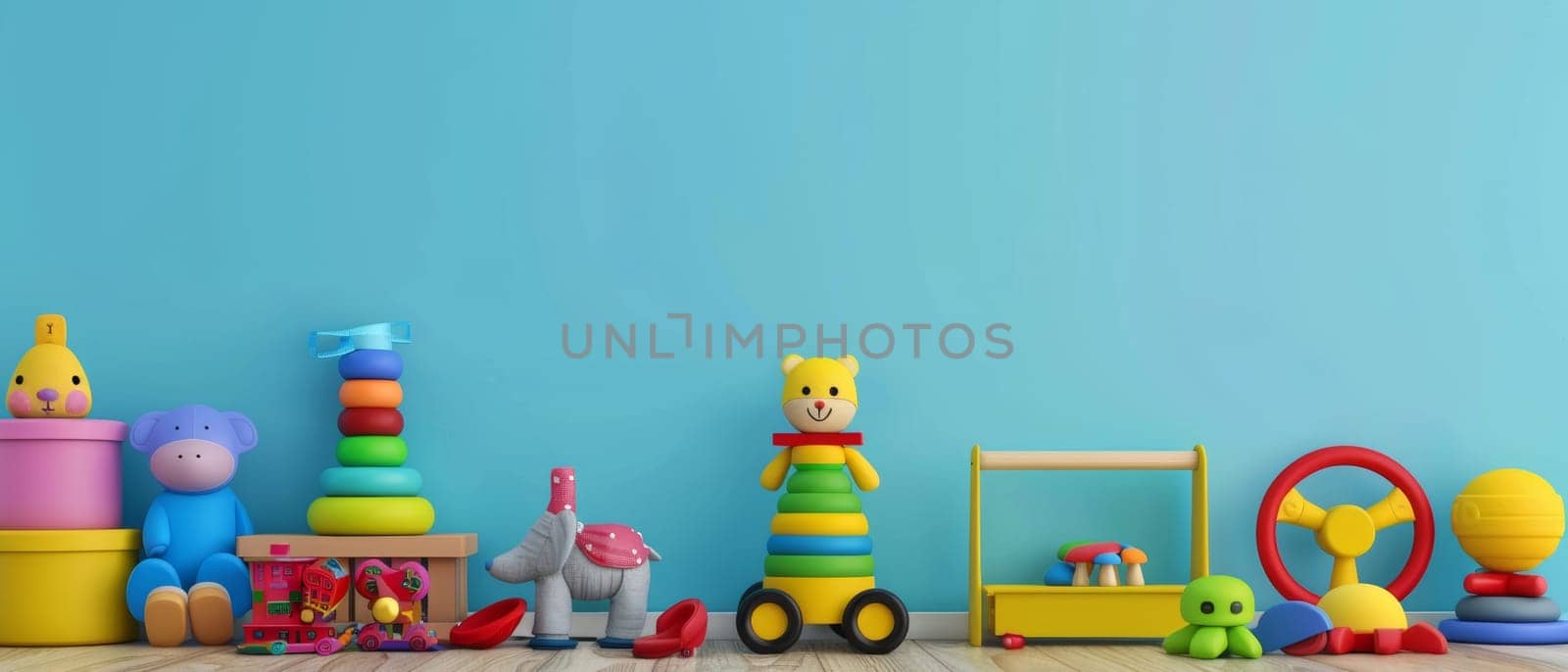 A collection of playful childrens toys arranged on a bright blue background, highlighting vibrant colors and whimsical shapes. by sfinks