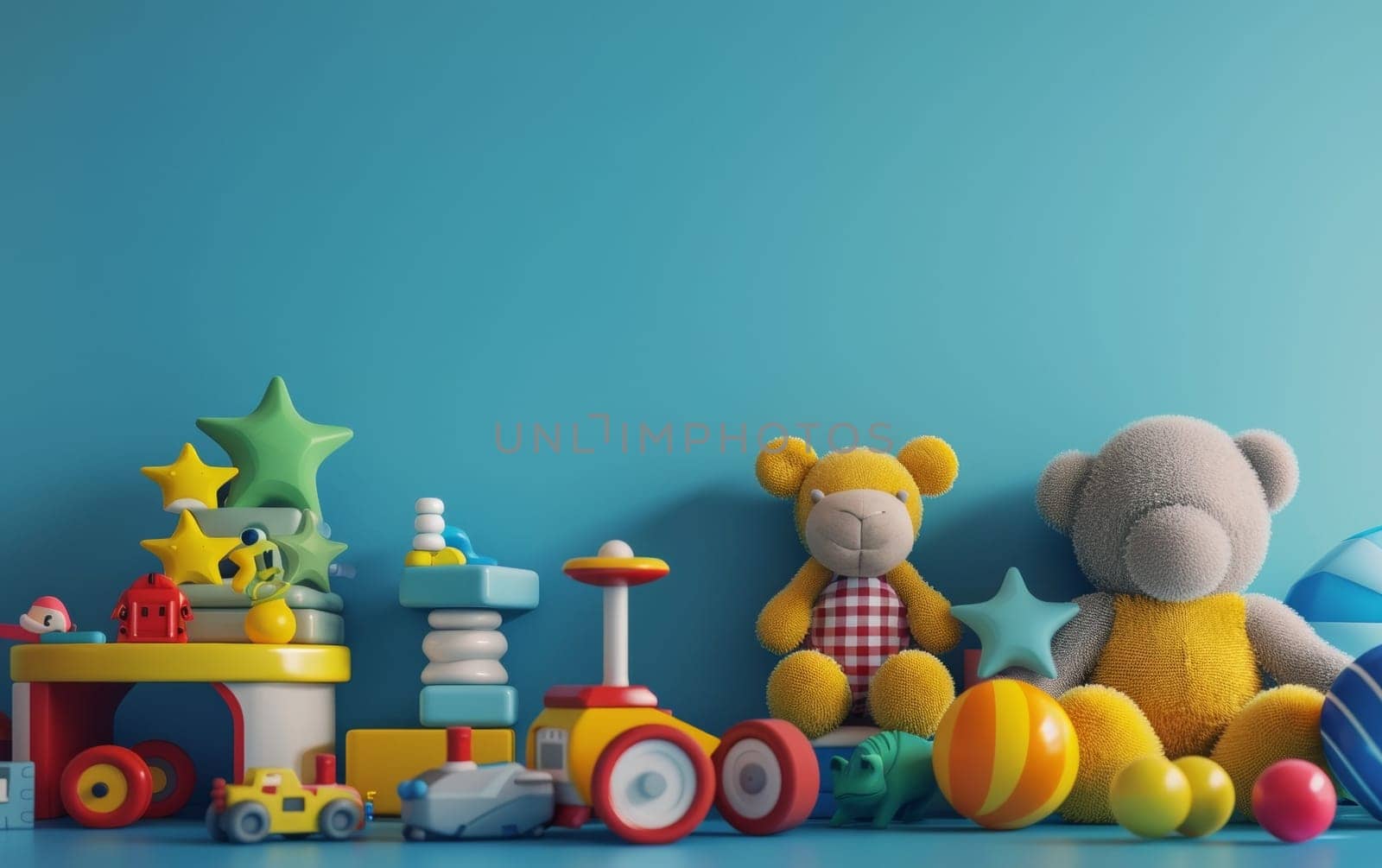 A gentle scene with soft toys, including teddy bears and plush balls, in a calm blue playroom setting, suggesting comfort and play