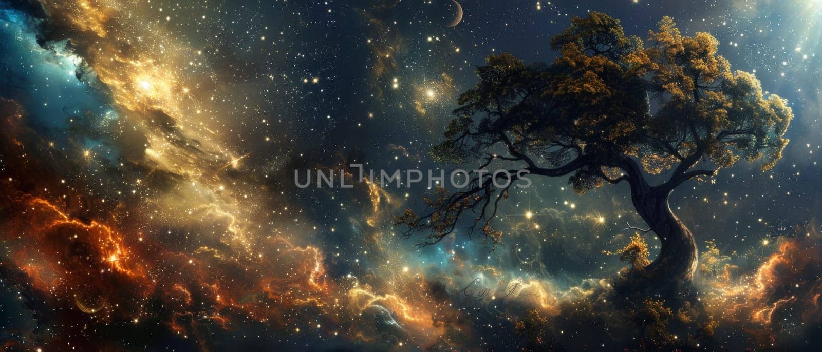 A mesmerizing tableau of a timeless tree against a backdrop of galactic splendor, glowing with stellar formations and cosmic clouds