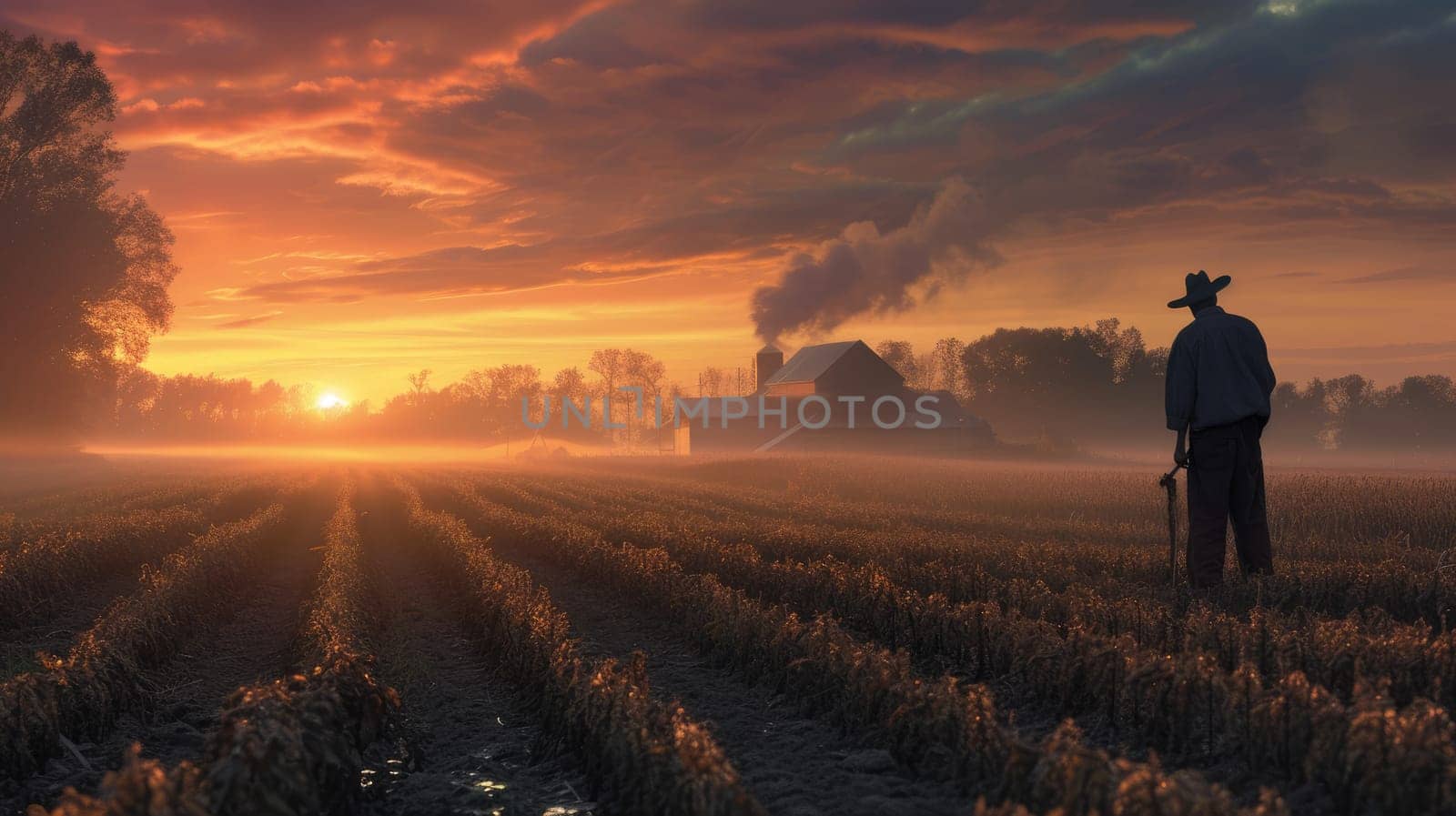 Professional farmer working while planting and checking crop at farm. Skilled agricultural worker walking at sunset or dawn while harvesting the crop and taking care crop at vegetable plot. AIG42.