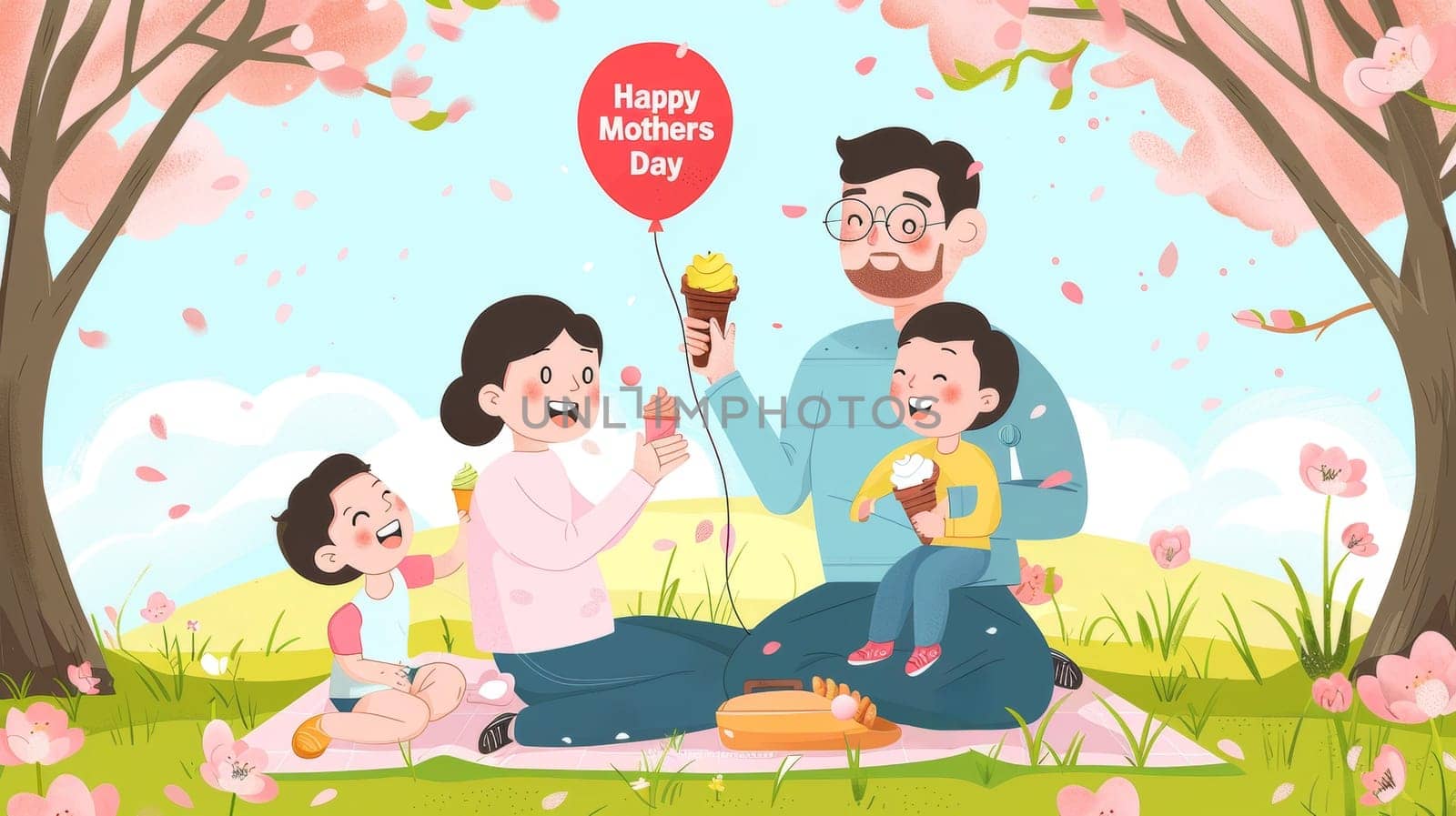 A joyful cartoon family celebrates Mothers Day outdoors, surrounded by blooming trees and petals, with children holding ice creams and a Happy Mothers Day balloon flying above. by sfinks