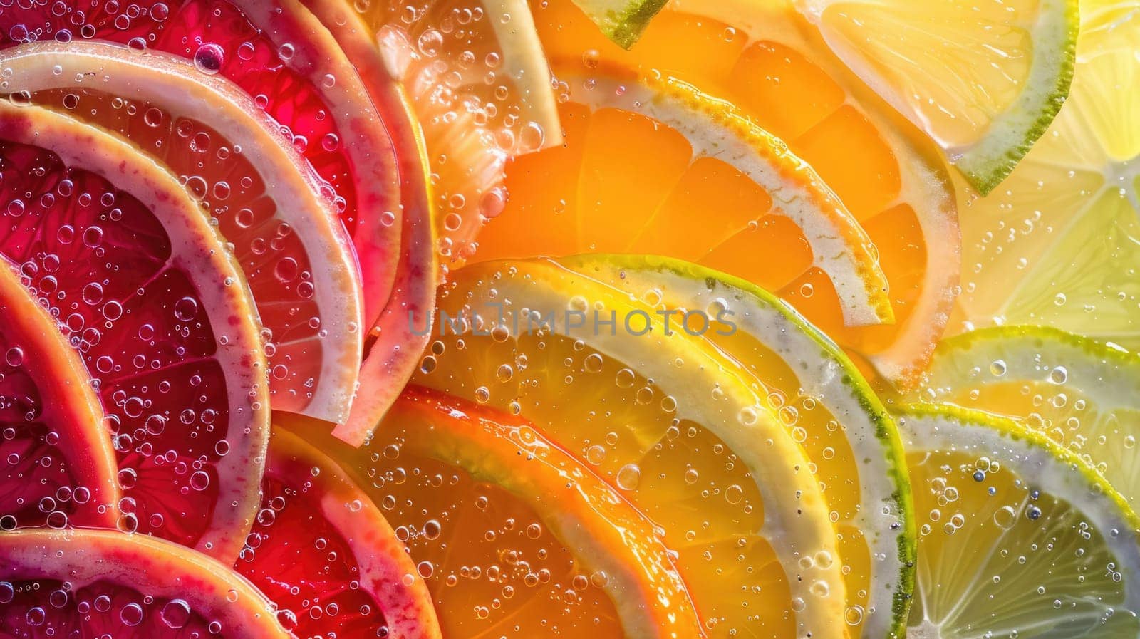 A colorful display of sliced citrus fruits such as orange, peach, and amber produce a vibrant array on the table. These ingredients can be used to create a delicious fruit dish in various cuisines AIG50