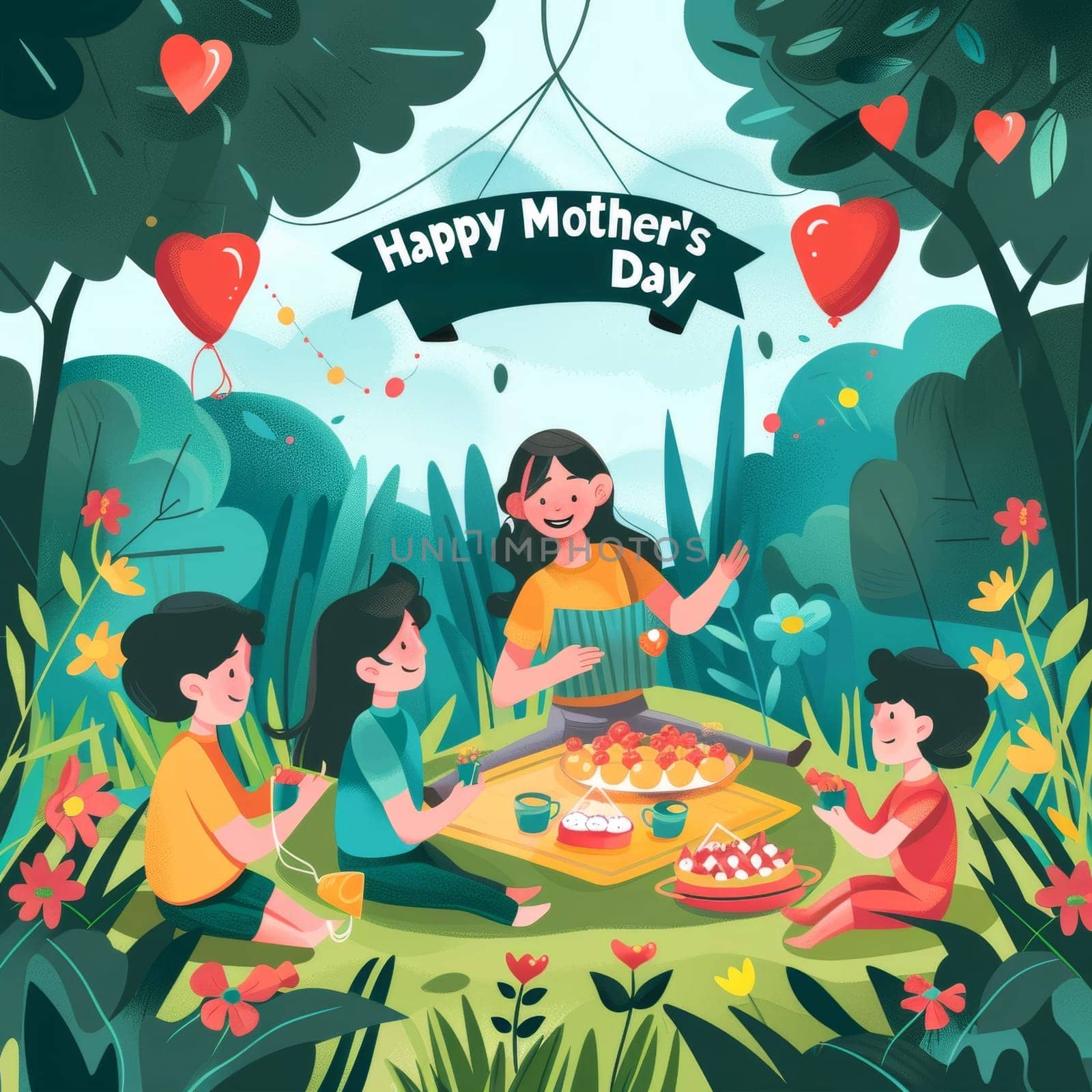 Illustration shows a family gathered outdoors with decorations celebrating Mothers Day with a heartwarming picnic setup