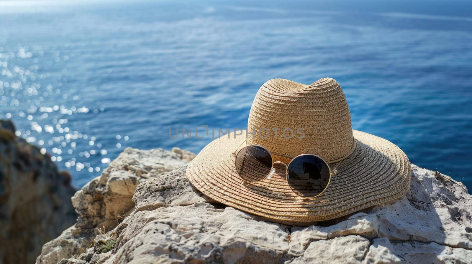 A straw hat and sunglasses rest on a rock by the ocean, offering a scenic view of the water, sky, and horizon. A perfect spot for leisure and travel AIG50