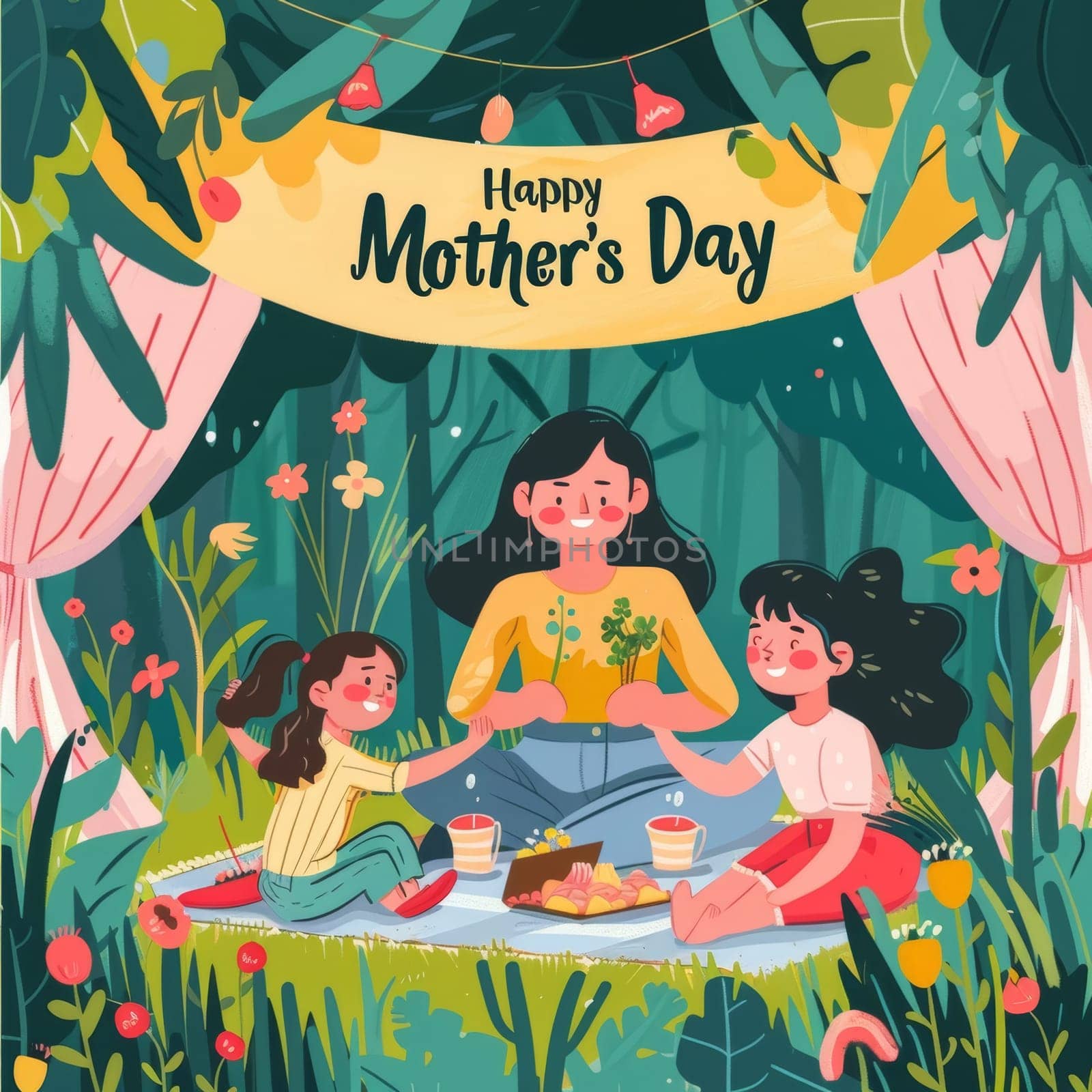 A heartwarming scene of a family enjoying Mothers Day in a serene garden with vibrant vegetation and a picnic. by sfinks