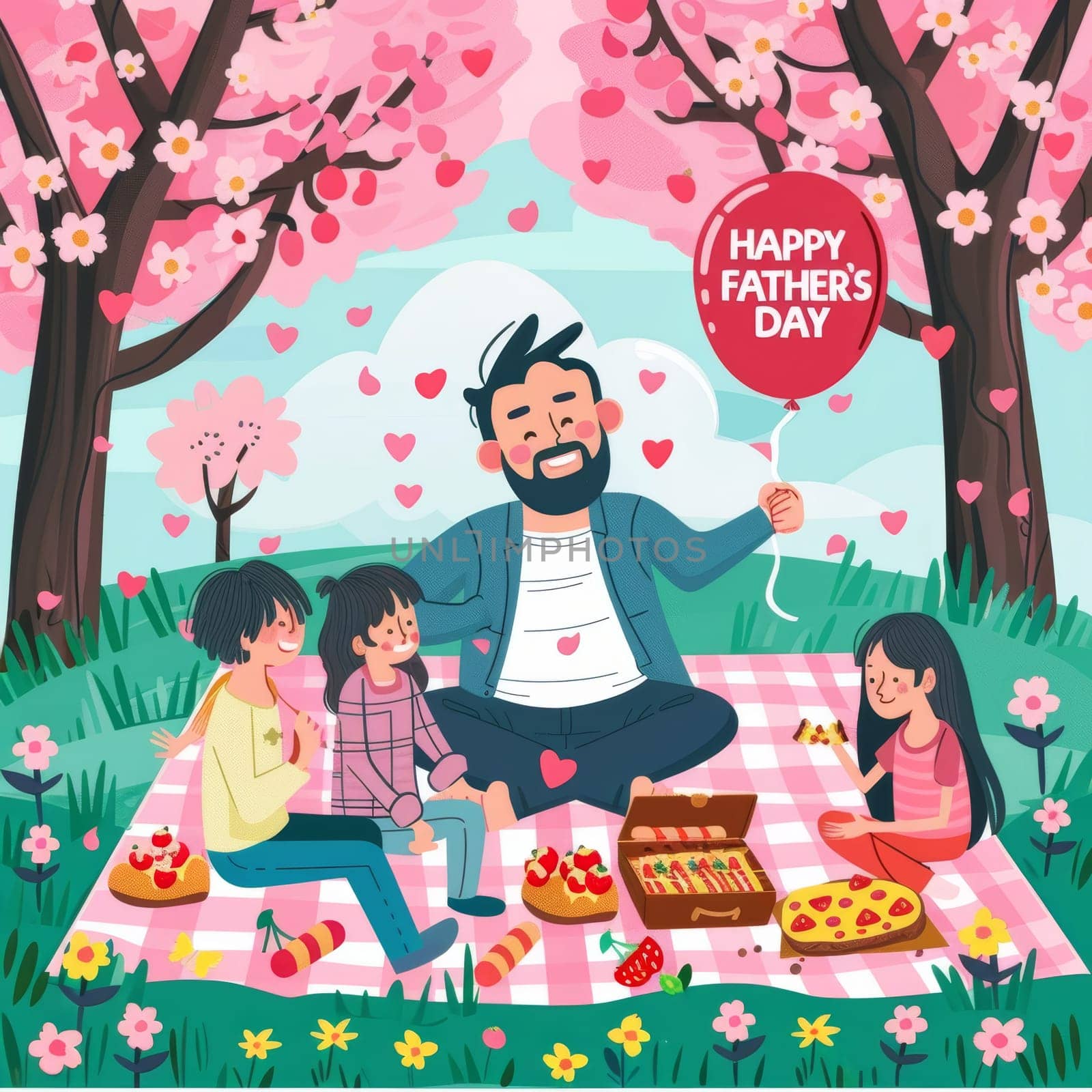 A colorful depiction of a family enjoying an outdoor feast with a festive atmosphere for Fathers Day